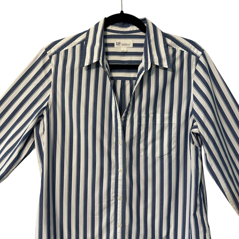 GAP Women's Blue White Stripe Perfect Shirt Superfine Poplin Button Down Top‎ L - Picture 2 of 9
